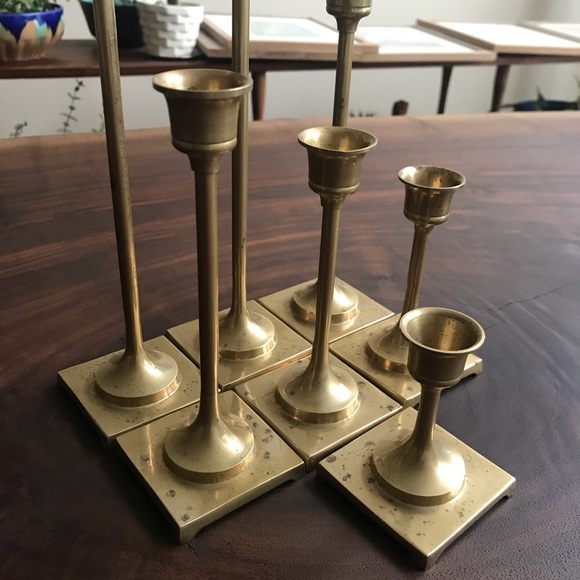 SOLD - Vintage Brass Mid Century Candlesticks / Candleholders - Set of 7 - Picture 11 of 12
